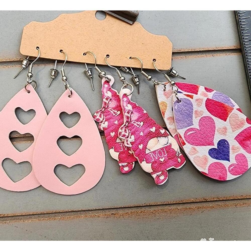 3 sets of faux leather valentines earrings with gnomes